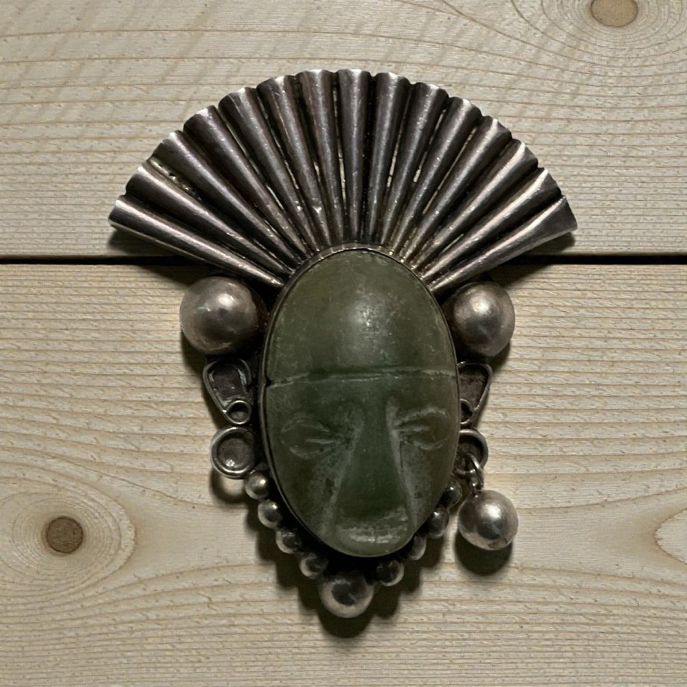 Signed Mexico Sterling Silver Jade Aztec Tribal InkanMask Face Pin Brooch